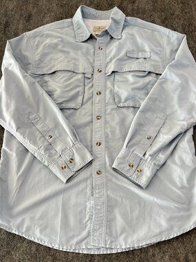 LL Bean Fishing Shirt Light Blue Gray Roll Cuff Vented Pockets Hiking Mens med